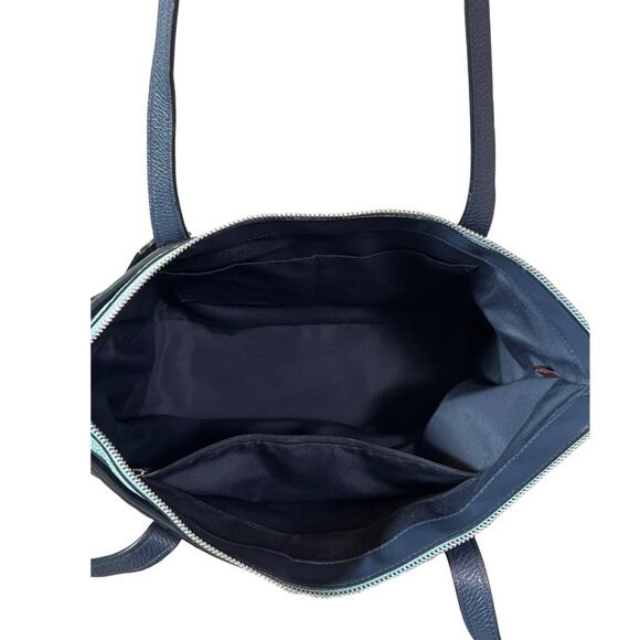 Coach May Navy Blue Pebbled Leather Tote Shoulder Bag Two Tone Light Blue Trim - Picture 9 of 15
